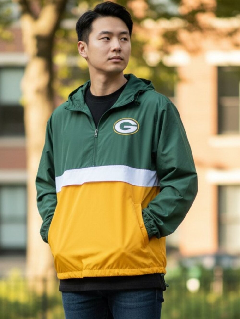 NWOT TEAM APPAREL (MED) Unisex Green Bay Packer Logo Hooded Qtr Zip Windbreaker